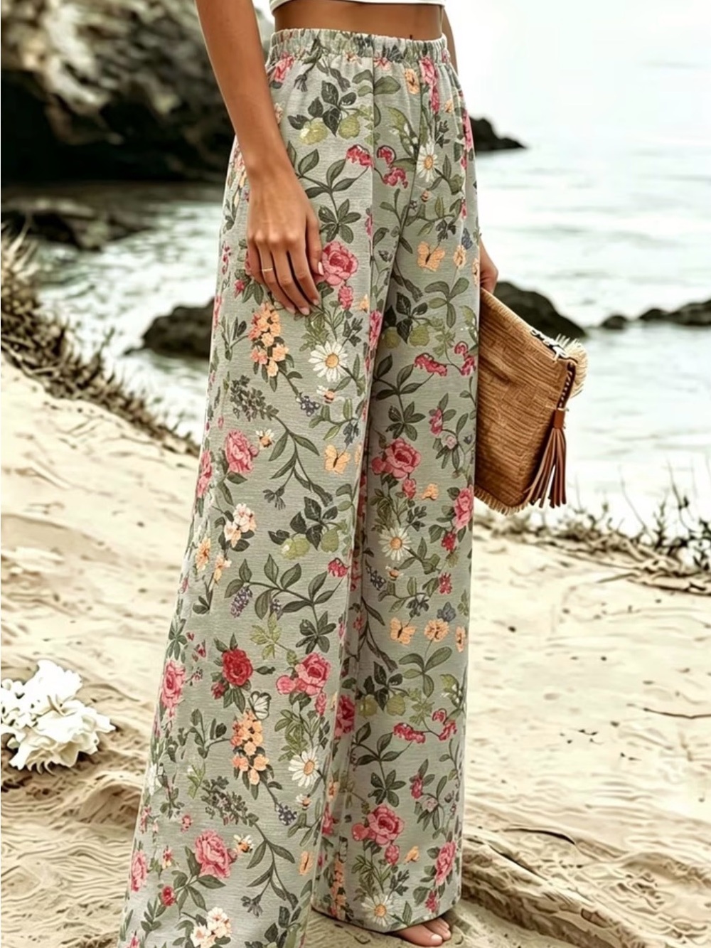 Floral Wide-Leg Women's Pants - Sage Green